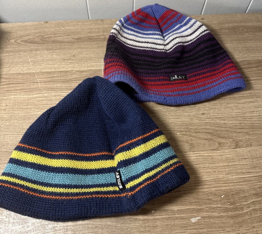 Vintage Smiley Beanies Lot Of 2 Multicolor One Size 100% Pure Wool U3